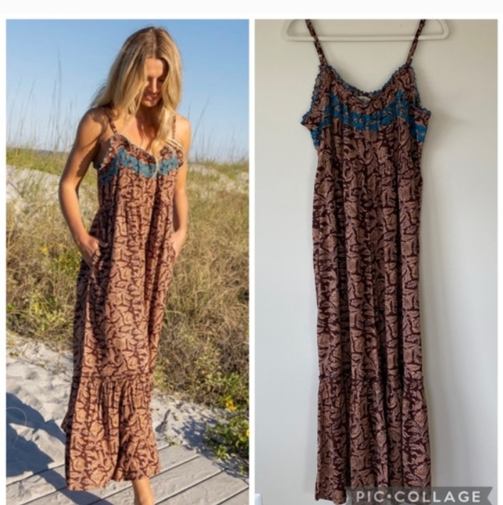 Natural Life Brown Jumpsuit with Blue Embroidery Size S. Adorable! 🥰